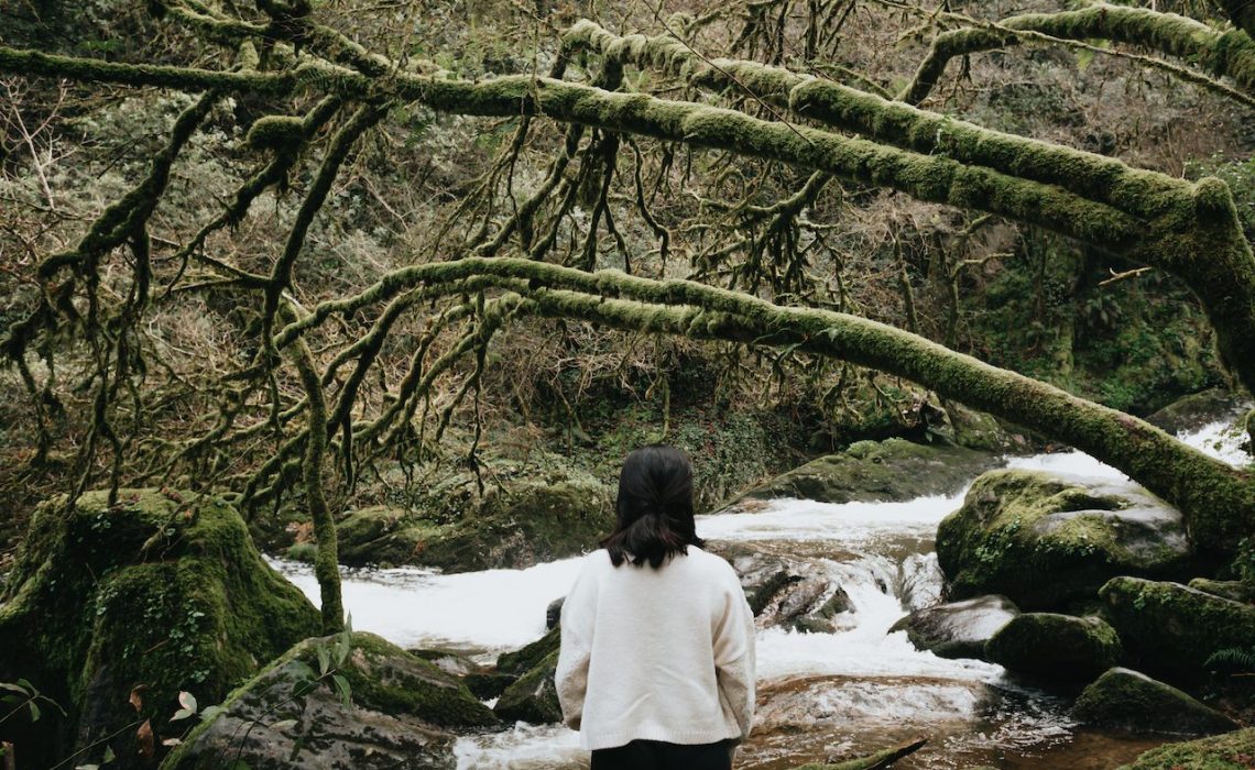 Woman with her back to the camera looking at a wild river in the middle of the forest with copy space